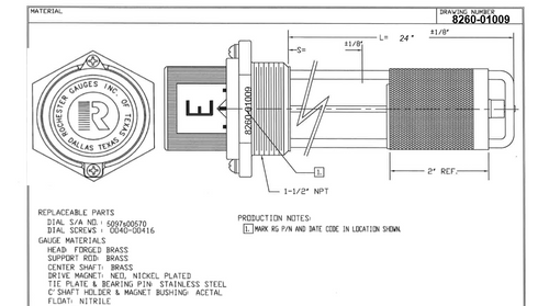 Rochester Gauges 8260 24” Length Spiral Gauge with Side-Read Dial for 24-1/2”+ Deep Tanks